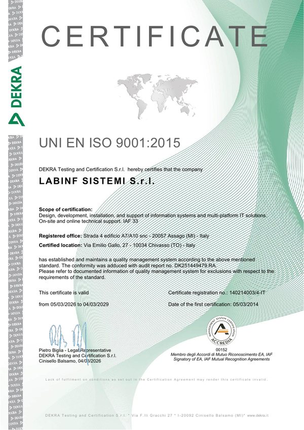 UNI EN ISO 9001:2015 certificate